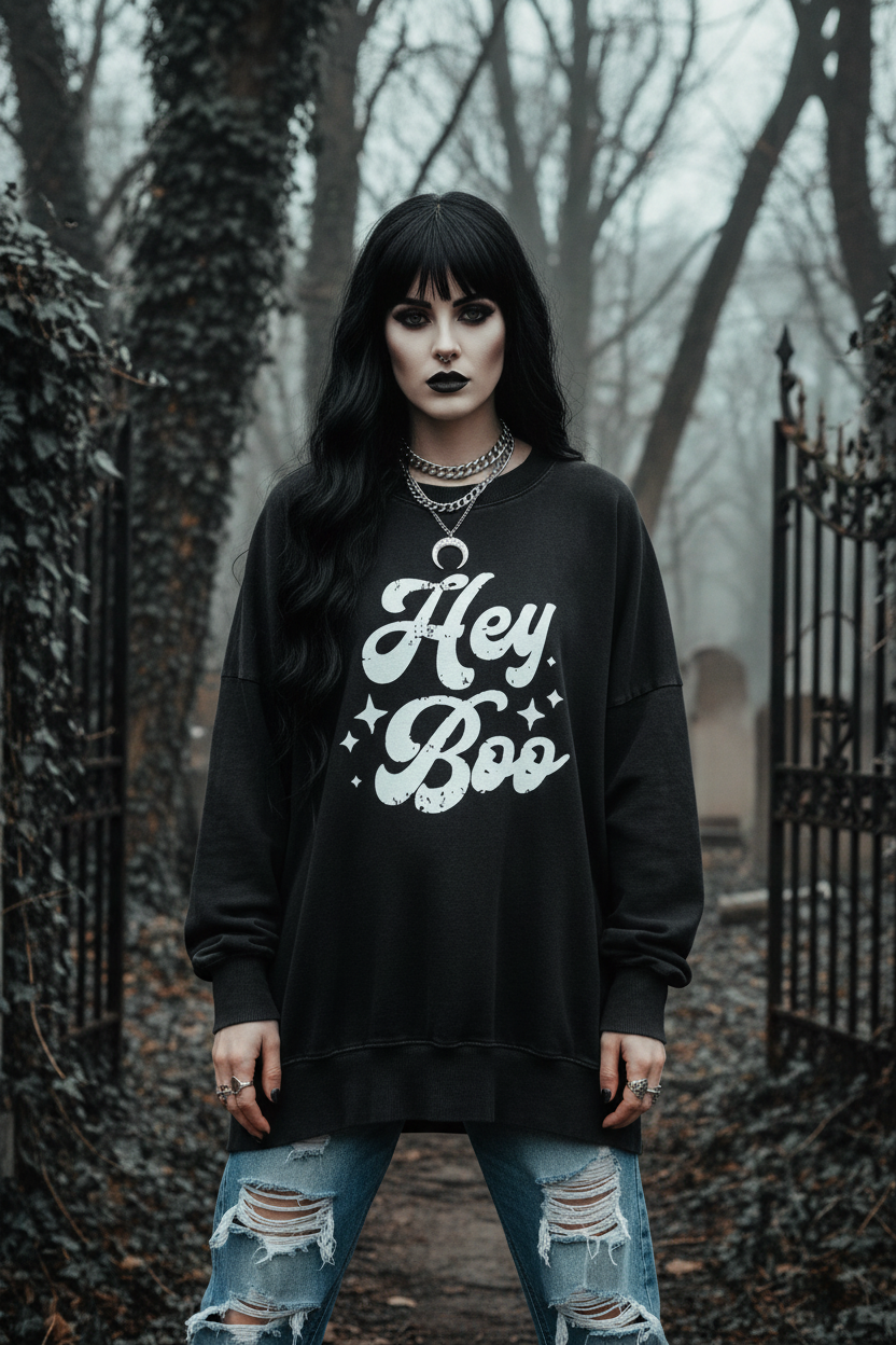 BeWitchy® HEY BOO Graphic Round Neck Sweatshirt