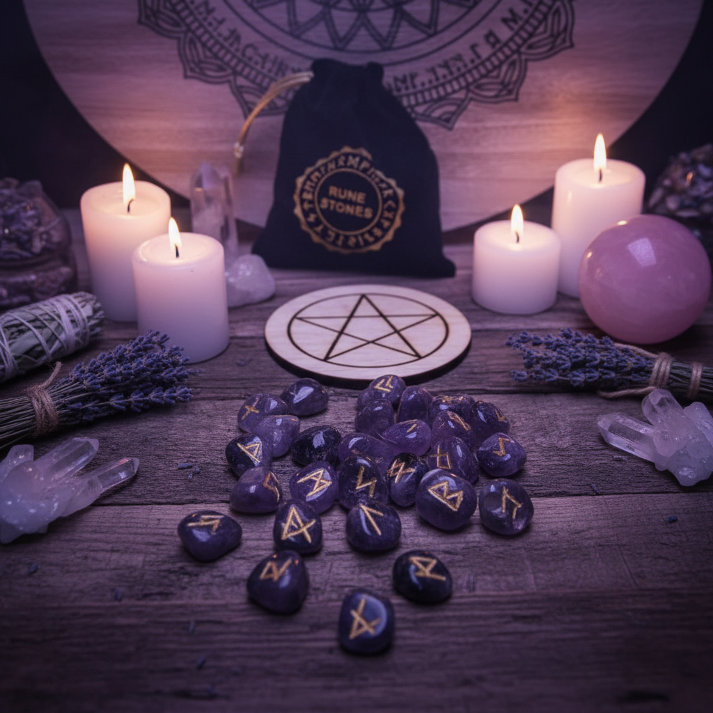RUNE STONES AMETHYST IN VELVET POUCH