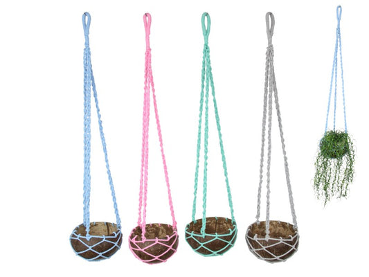 COLOURED MACRAME COCONUT PLANT HOLDER 65CM